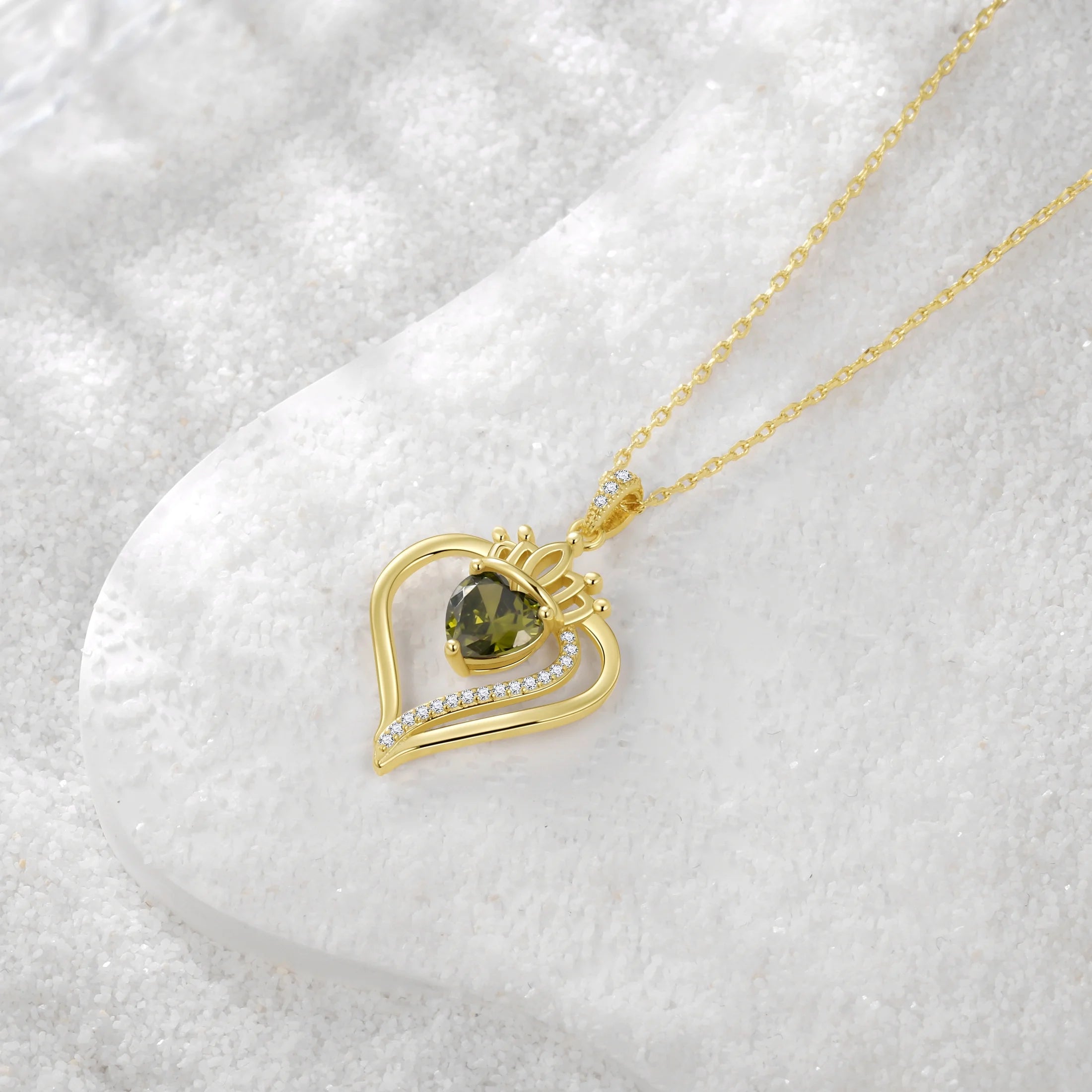 Yndra 18K Gold Plated Heart Necklace for Women,S925 Sterling Silver August Peridot Birthstone Crown Pendant Necklace,Jewelry Gift for Her Wife Mom Girlfriend,Birthday Mother’S Day Gift