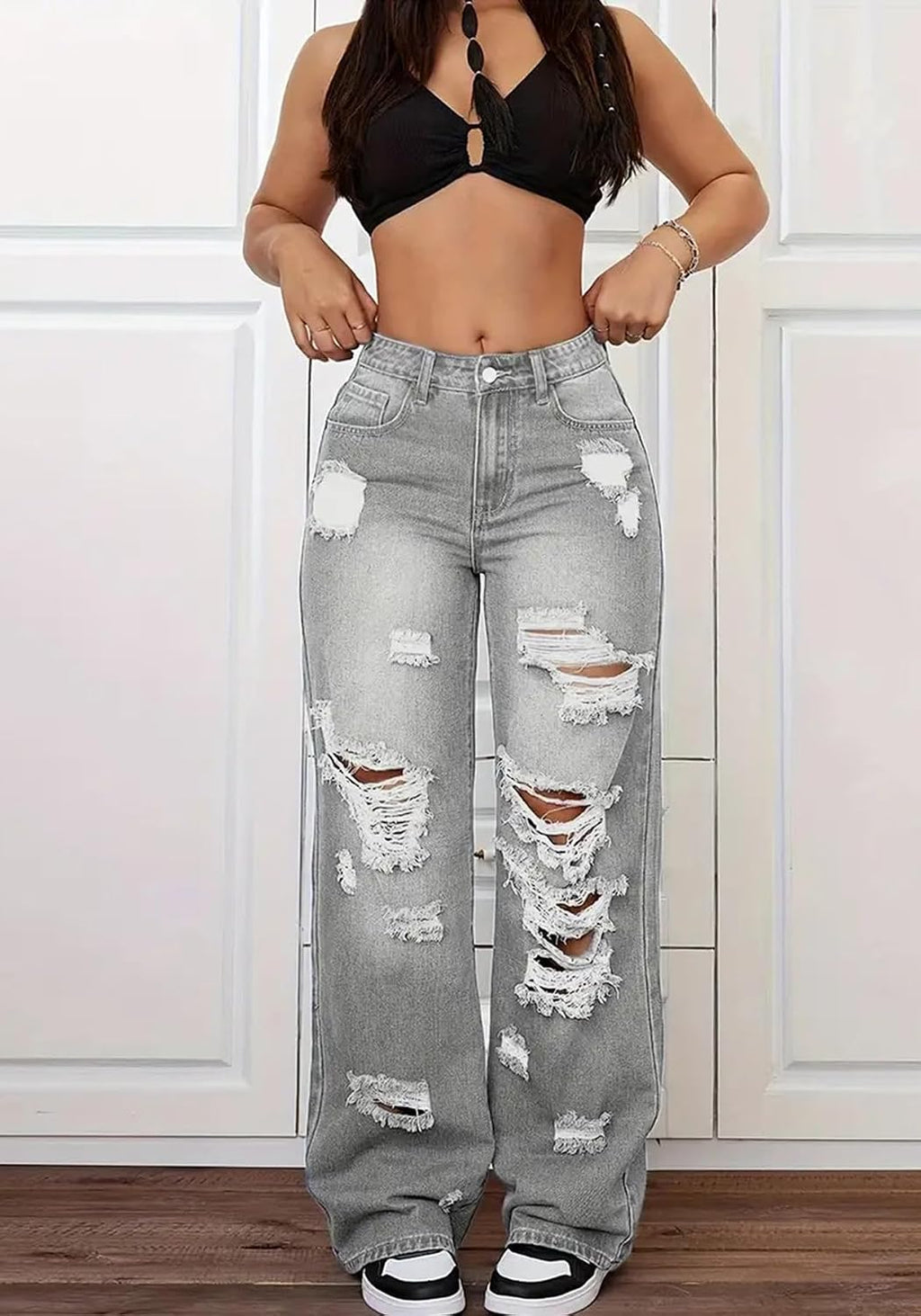 Women'S High Waisted Wide Leg Ripped Jeans Y2K Baggy Boyfriend Jeans Distressed Denim Pants