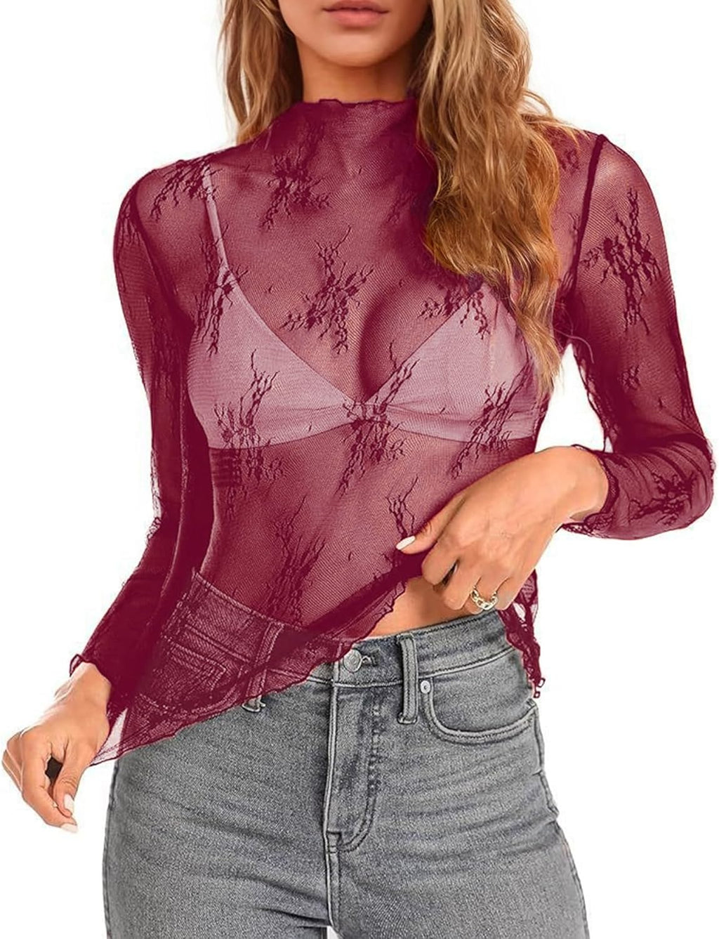 Lace Tops for Women Mesh Long Sleeve Top Sheer Lace Shirt Floral Mock Neck Party Club Lace Undershirt