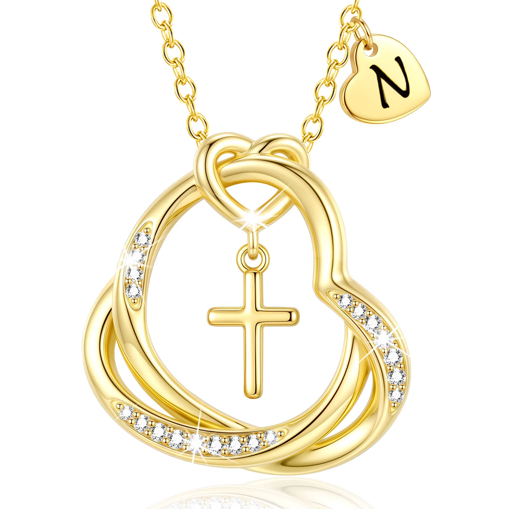 18K Gold Plated Love Heart Initial Cross Necklaces for Women Girls CZ Letter N Pendant Chain Birthday Christmas Jewelry Gifts Teen Girlfriend Wife Lady Mom Adults Stocking Stuffers for Kids Age