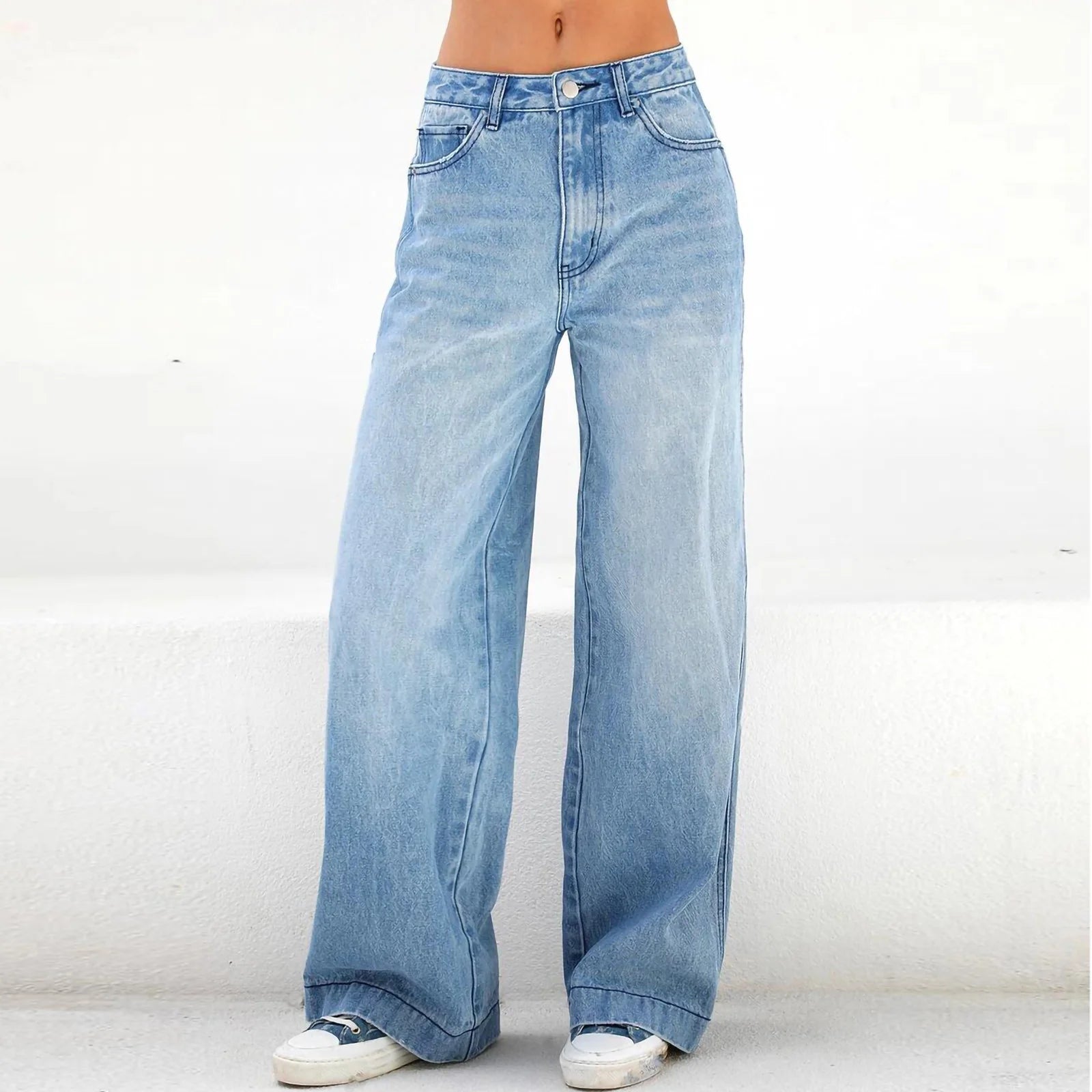 Women'S Fashion Jeans High Waisted Wide Leg Jeans Summer Casual Straight Baggy Jeans Color Block Patch Denim Trousers Dark Blue,M