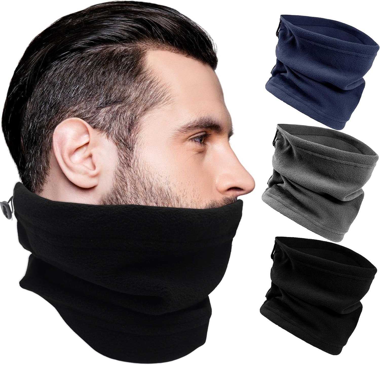 Thermal Neck Gaiters, 3 Pack Warm Winter Scarf Tube, Soft Fleece, Adjustable Strap Bulk