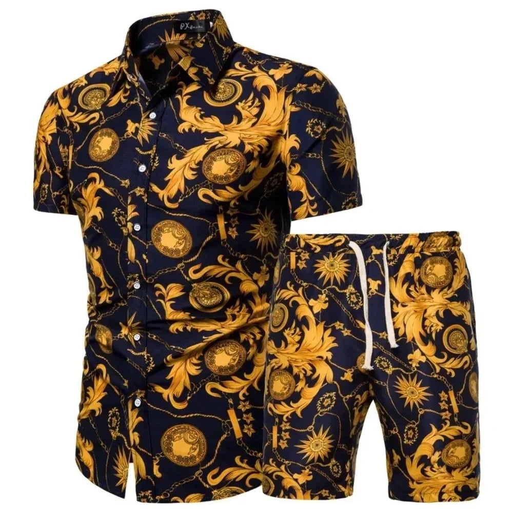 Summer New Men'S Clothing Short-Sleeved Printed Shirts Shorts 2 Piece Fashion Male Casual Beach Vacations Clothes