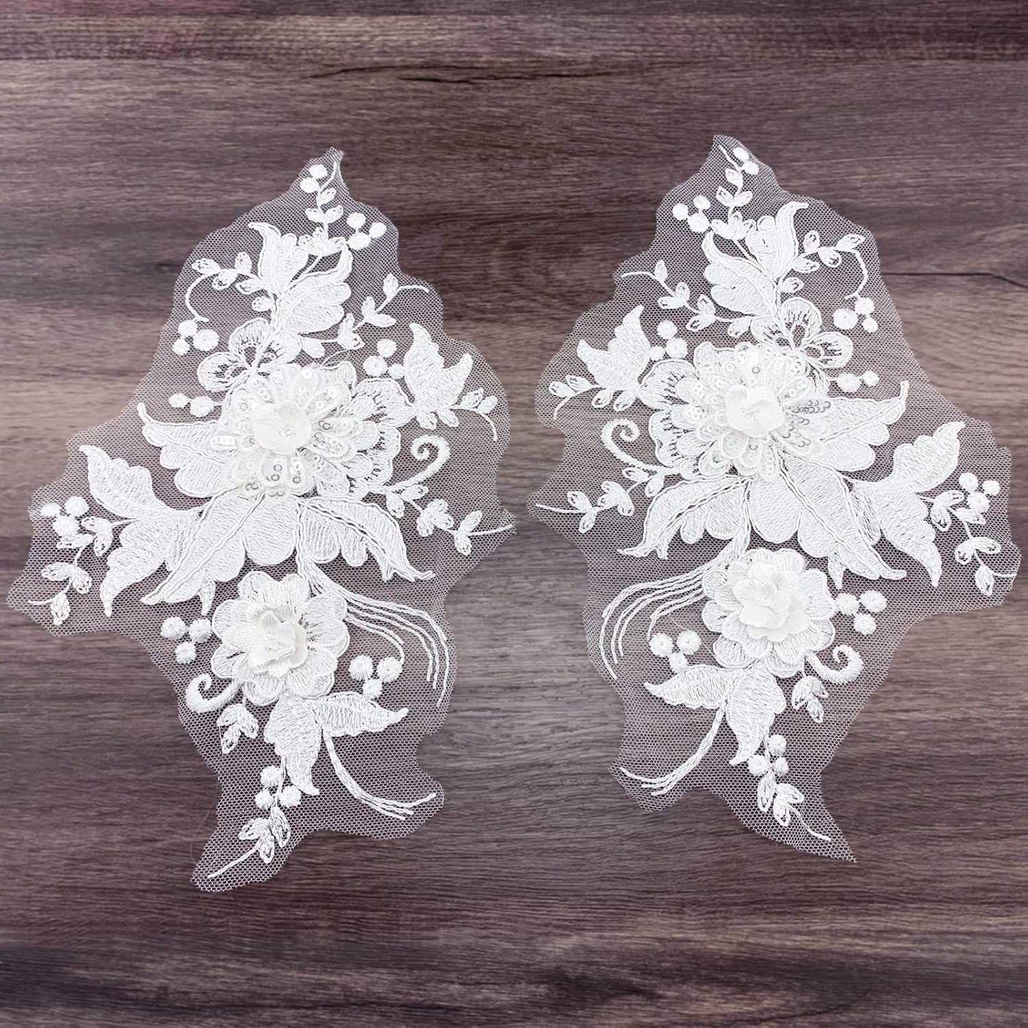 3D Flower Lace Appliques 1 Pair White Embroidered Floral Sew on Embroidery Patches for Wedding Bridal Dress Gown Clothing Bodice Craft DIY (#2 Sequin Flower)