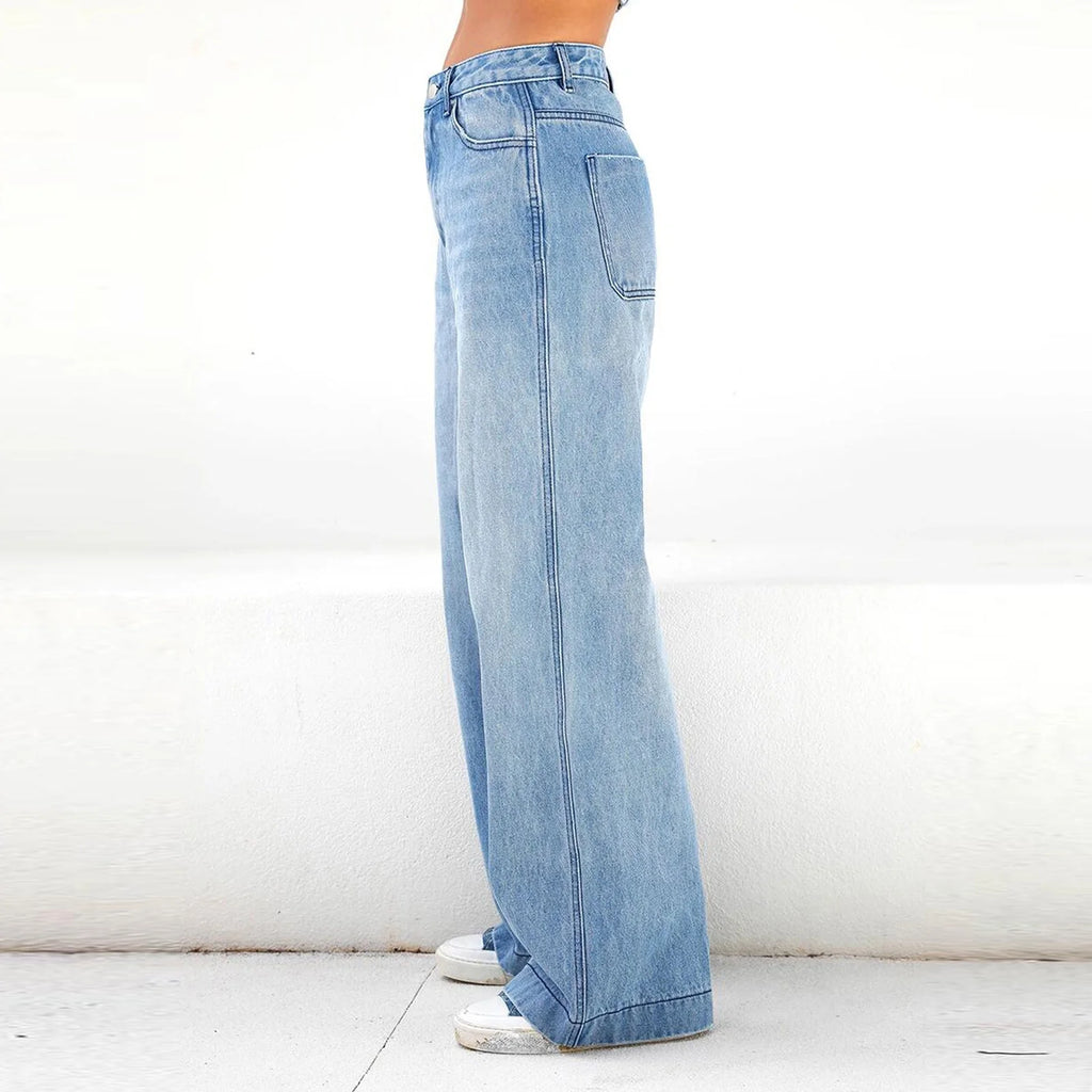 Women'S Fashion Jeans High Waisted Wide Leg Jeans Summer Casual Straight Baggy Jeans Color Block Patch Denim Trousers Dark Blue,M