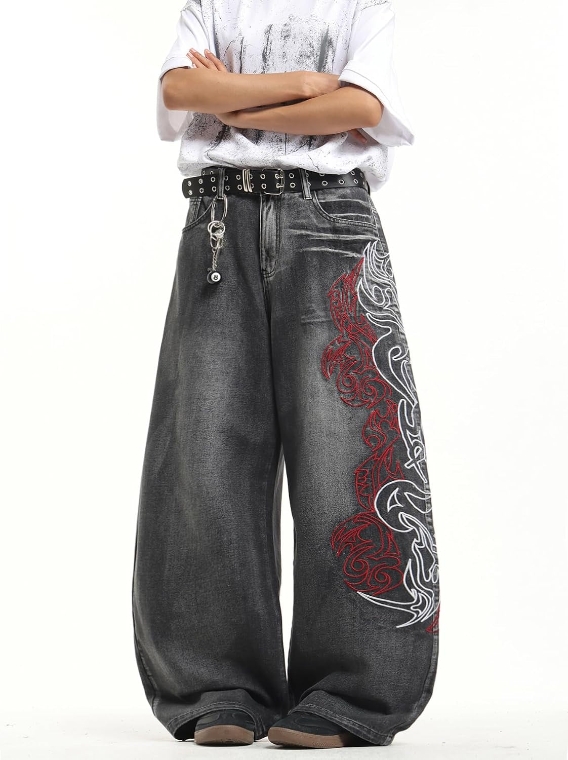 Mens Baggy Jeans Embroidered Wide Leg Pants | Hip Hop, Y2K 2000S Jinco, Oversized, Skater Streetwear, Denim, Relaxed Loose Fit, Skateboard, Extra, Stylish, Casual
