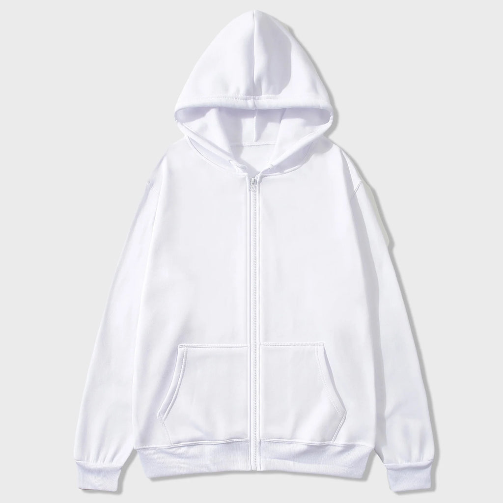 Mens Full Zip up Hoodie Long Sleeve Drop Shoulder Oversized Jacket Loose Fit Fleece Lined Fashion Solid Pullover Sweatshirt with Pocket White L