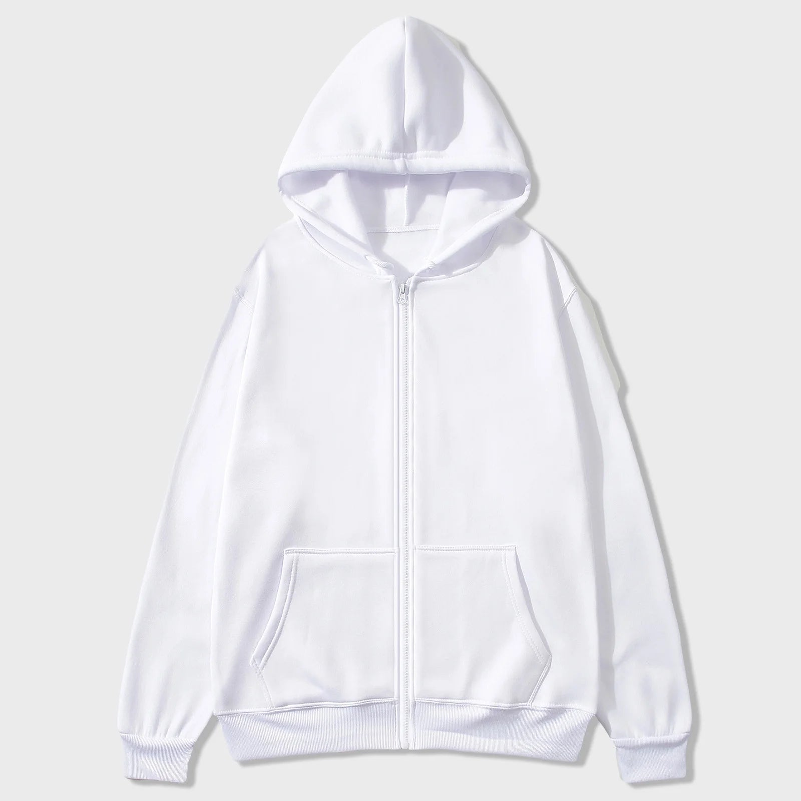 Mens Full Zip up Hoodie Long Sleeve Drop Shoulder Oversized Jacket Loose Fit Fleece Lined Fashion Solid Pullover Sweatshirt with Pocket White L