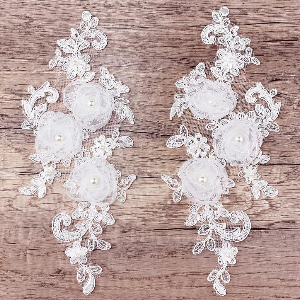 Sew on Embroidered Lace Flower Appliques, 1 Pairs 3D Pearl Organza White Floral Embroidery Patches for Wedding Bridal Dress Gown Headpiece Clothing Bodice Craft DIY (White-Off)