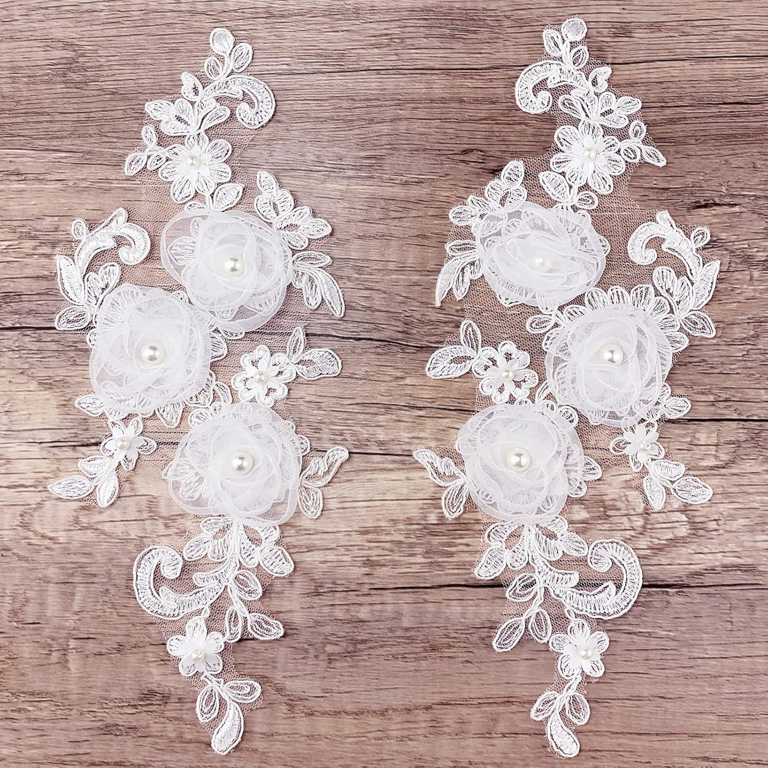Sew on Embroidered Lace Flower Appliques, 1 Pairs 3D Pearl Organza White Floral Embroidery Patches for Wedding Bridal Dress Gown Headpiece Clothing Bodice Craft DIY (White-Off)