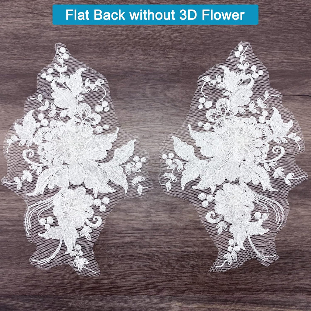 3D Flower Lace Appliques 1 Pair White Embroidered Floral Sew on Embroidery Patches for Wedding Bridal Dress Gown Clothing Bodice Craft DIY (#2 Sequin Flower)