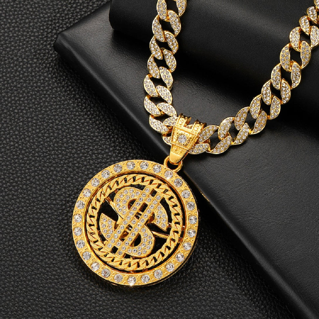 Dollar Sign Rotatable Pendant for Men Iced Out Dollar Money Cuban Necklace, Hip Hop Dollar Medal Cuban Chain Necklace Gold CZ Dollar Money Cuban Necklace Men’S Rapper Dollar Symbol Jewelry