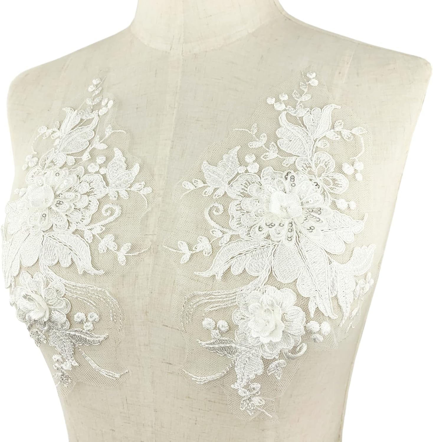 3D Flower Lace Appliques 1 Pair White Embroidered Floral Sew on Embroidery Patches for Wedding Bridal Dress Gown Clothing Bodice Craft DIY (#2 Sequin Flower)