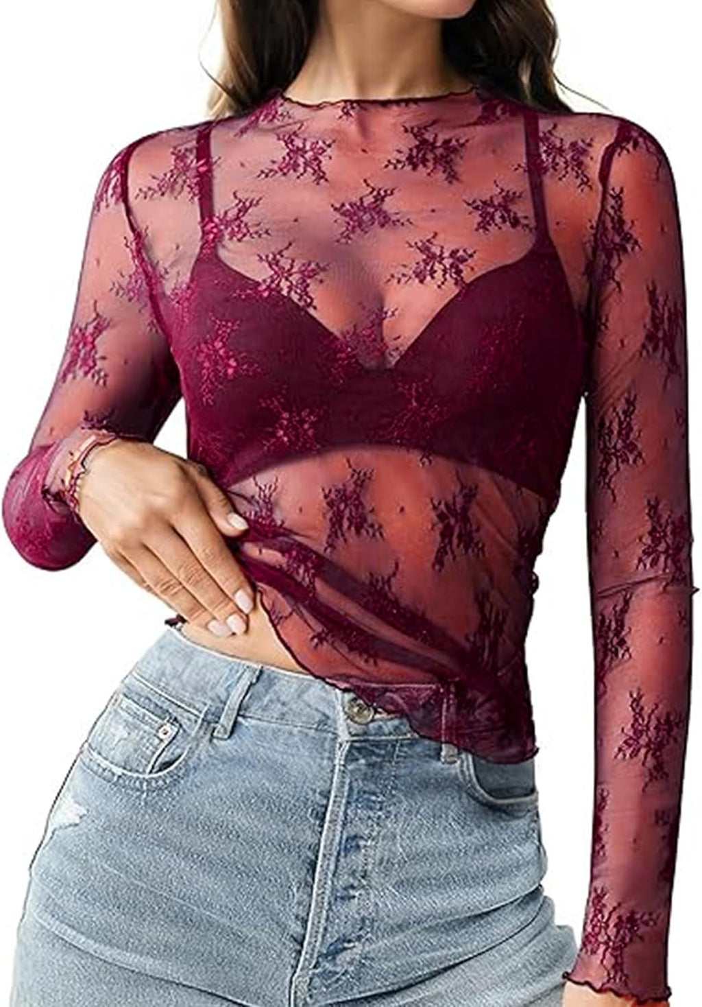 Lace Tops for Women Mesh Long Sleeve Top Sheer Lace Shirt Floral Mock Neck Party Club Lace Undershirt