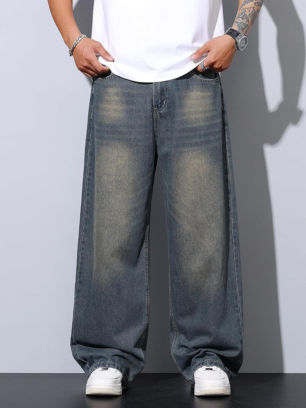Mens Wide Leg Baggy Jeans Y2K Casual Fashion Loose Denim Pants Work Office Streetwear