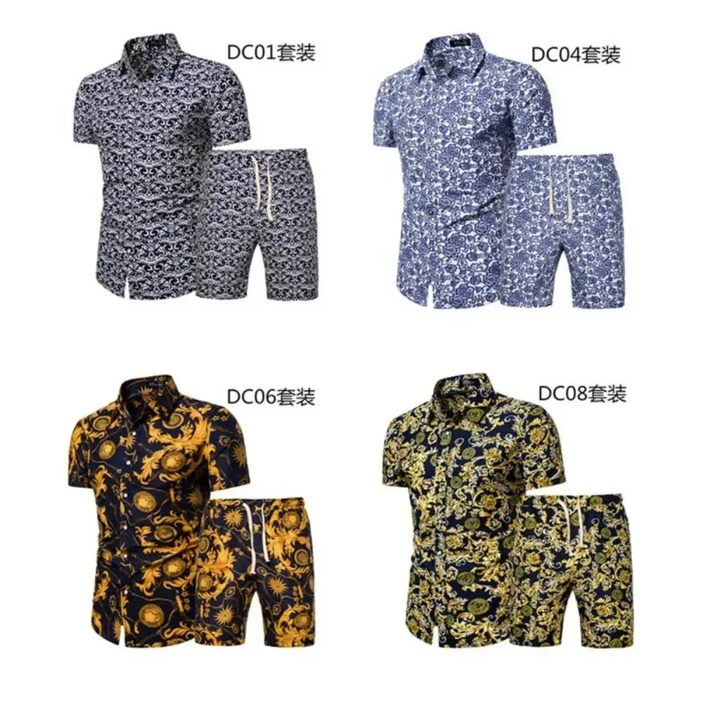 Summer New Men'S Clothing Short-Sleeved Printed Shirts Shorts 2 Piece Fashion Male Casual Beach Vacations Clothes